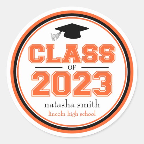 Class Of 2023 Graduation Favor Orange  Black Classic Round Sticker