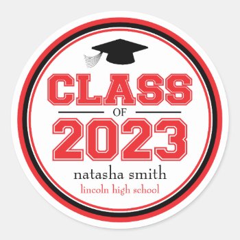 Class Of 2023 Graduation Favor (red / Black) Classic Round Sticker by WindyCityStationery at Zazzle