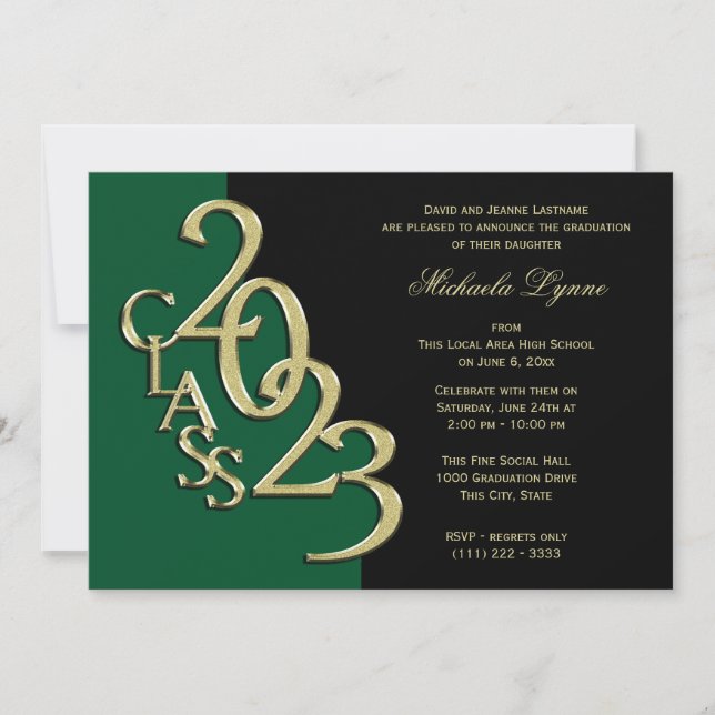 Class of 2023 Graduation Green and Gold Invitation (Front)