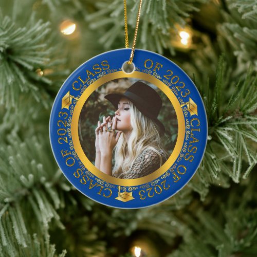 Class of 2023 Graduation Photo Blue  Gold    Ceramic Ornament