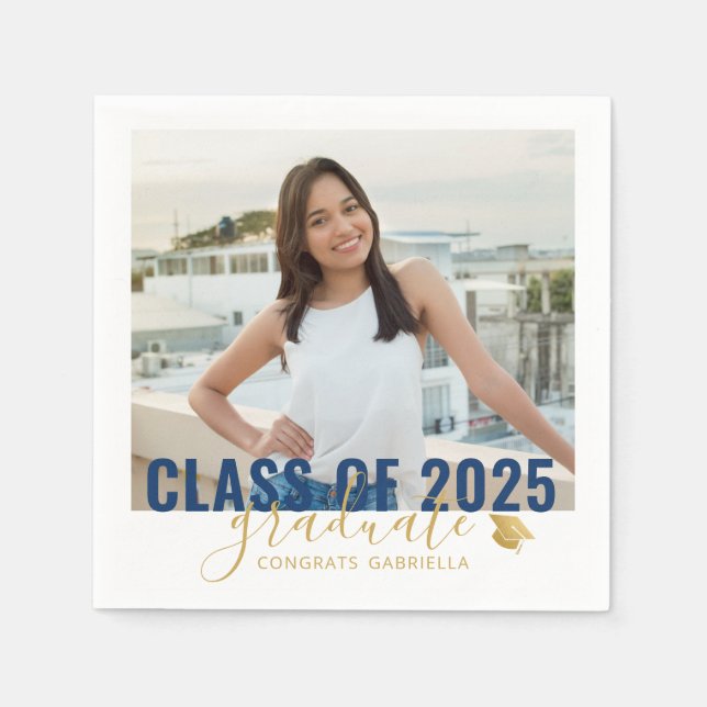 Class of 2023 Graduation Photo Blue Gold Napkins (Front)