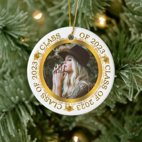 Class of 2023 Graduation Photo White  Gold Ceramic Ornament