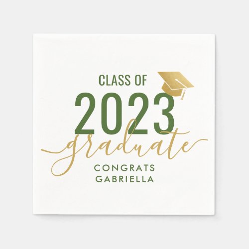 Class of 2023 Green White Gold Graduation Party Napkins