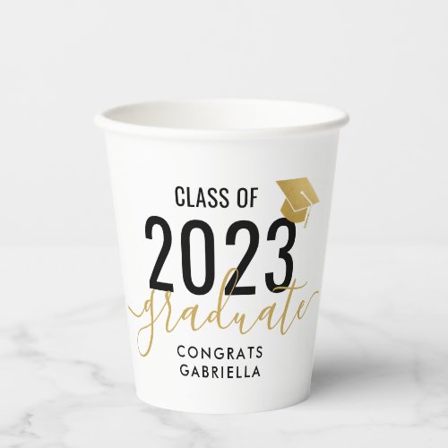 Class of 2023 Modern Black Gold Graduation  Paper Cups