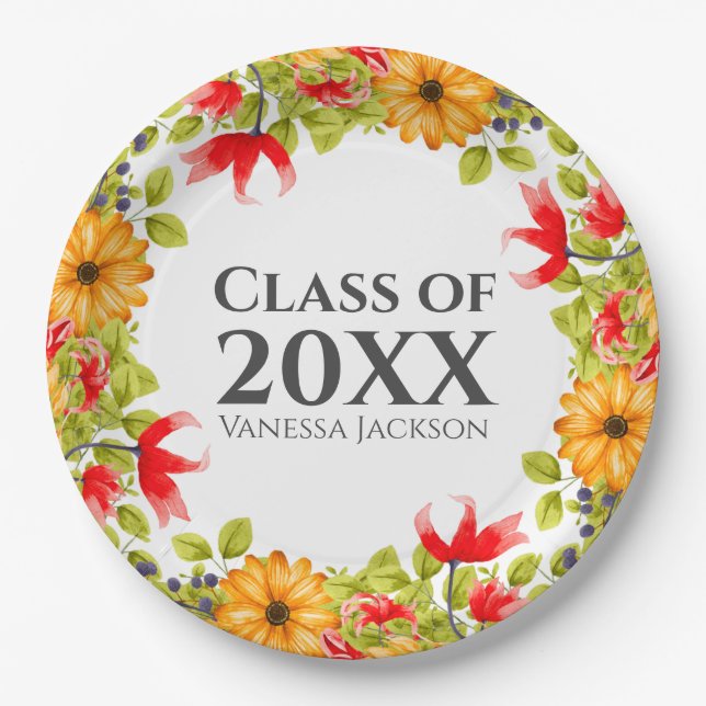 Class of 2023 Modern Bright Floral Graduation Paper Plates (Front)
