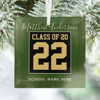Class Of 2023 Modern Green Black & Gold Graduation Glass Ornament by littleteapotdesigns at Zazzle