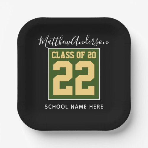 Class of 2023 Modern Green Black  Gold Graduation Paper Plates