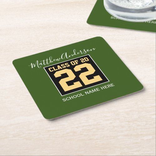 Class of 2023 Modern Green Black  Gold Graduation Square Paper Coaster