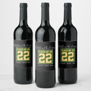 Class of 2023 Modern Green Black & Gold Graduation Wine Label
