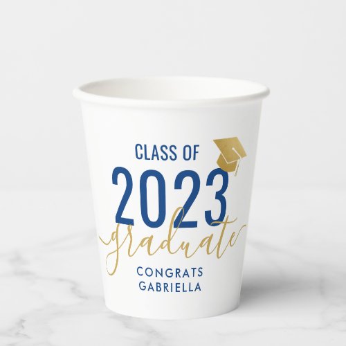 Class of 2023 Modern Navy Blue Gold Graduation Paper Cups