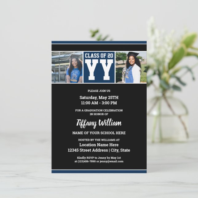 Class of 2023 Navy Blue and Black Graduation Photo Invitation (Standing Front)