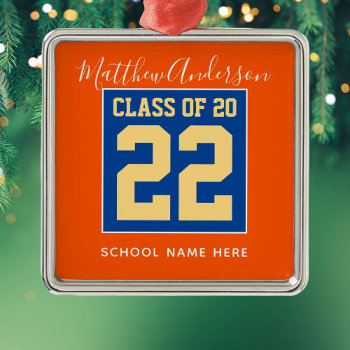 Class Of 2023 Orange Blue And Gold Graduation Metal Ornament by littleteapotdesigns at Zazzle