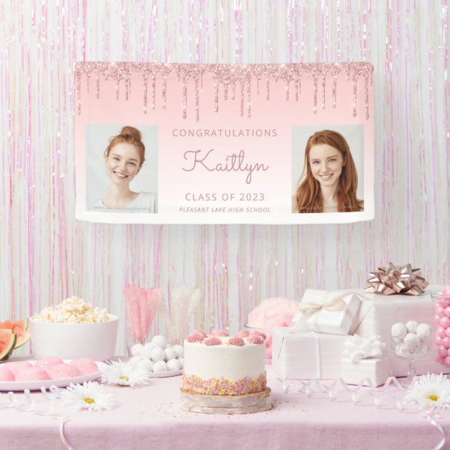Class of 2023 Pink Glitter Drip 2-Photo Graduation Banner (Party)