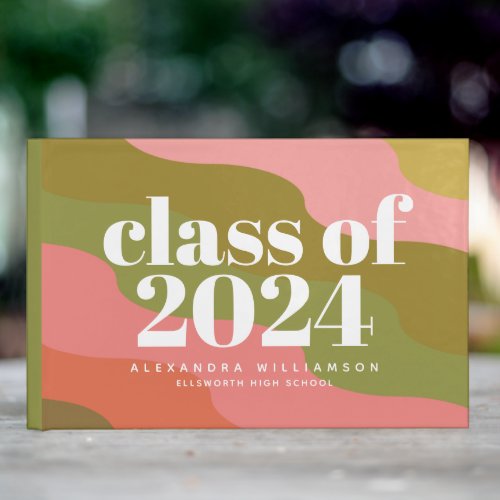 Class of 2023 Retro Groovy Pink and Green Name  Guest Book