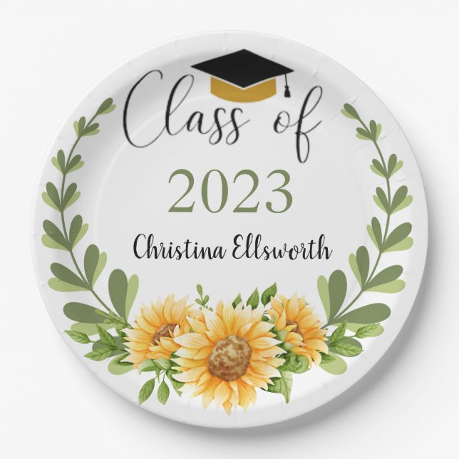 Class of 2023 Sunflower Wreath Grad Party Paper Plates (Front)