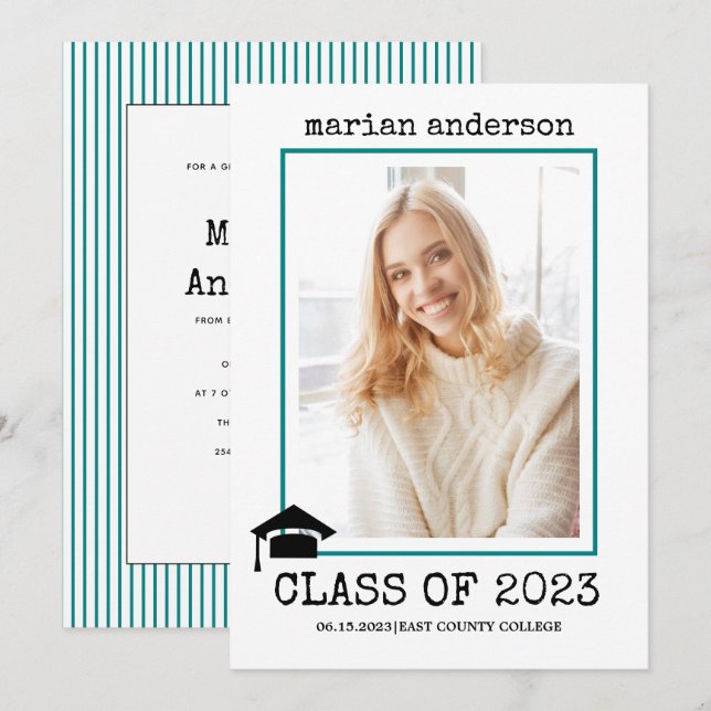 Class of 2023 typewriter teal graduation photo invitation (Front/Back)