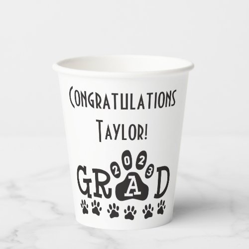 class of 2023 white black grad paw prints paper cups