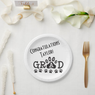 class of 2023 white black grad paw prints paper plates