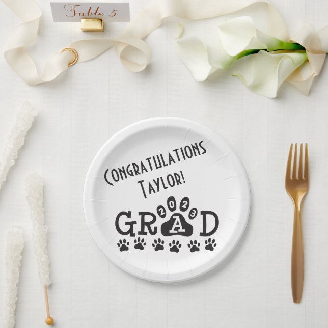 class of 2023 white black grad paw prints paper plates (Wedding)