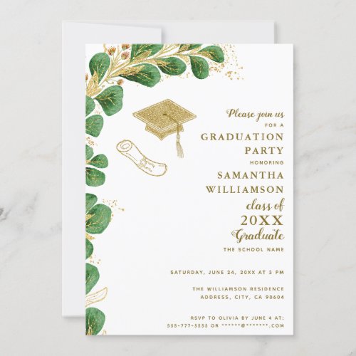 Class of 2023 White Green and Gold Graduation Invitation