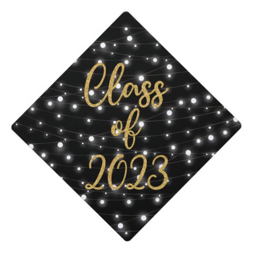 Class of 2023 with faux string lights graduation cap topper