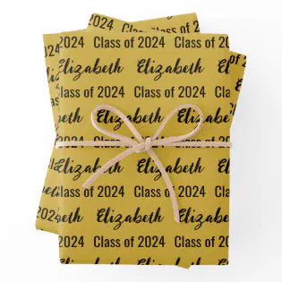Class of 2024 and Graduate's Name Black and Gold Wrapping Paper Sheets