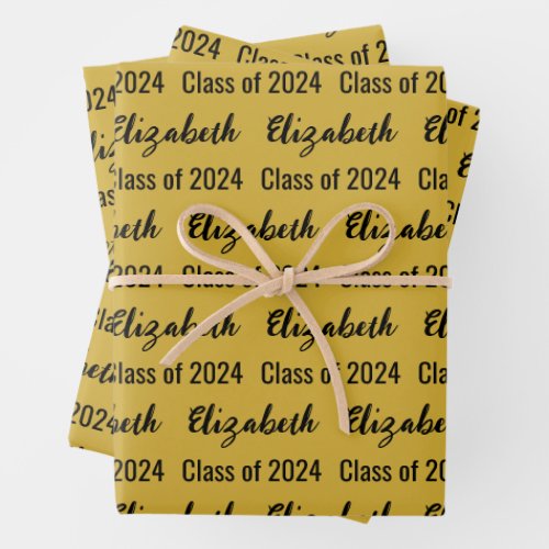 Class of 2024 and Graduates Name Black and Gold Wrapping Paper Sheets