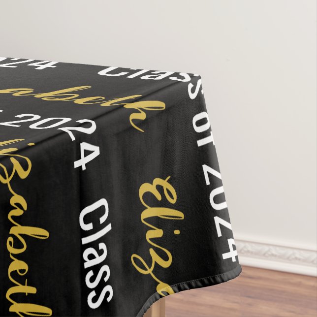 Class of 2024 and Graduate's Name Black White Gold Tablecloth (In Situ)