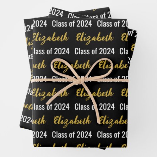 Class of 2024 and Graduates Name Black White Gold Wrapping Paper Sheets