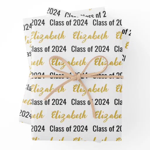 Class of 2024 and Graduate's Name White Black Gold Wrapping Paper Sheets