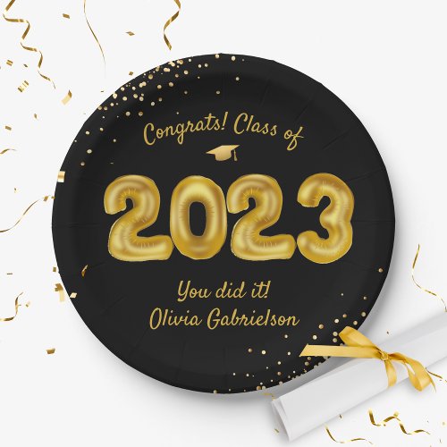 Class of 2024 Balloon Black Gold Graduation Party Paper Plates