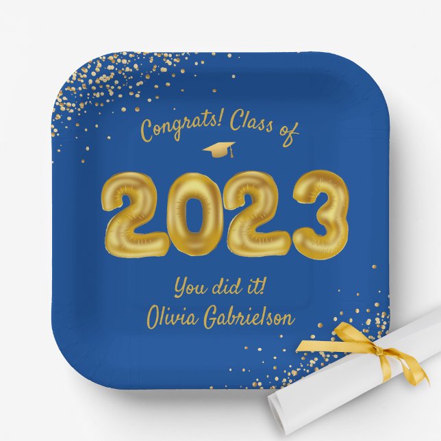 Class of 2024 Balloons, Blue Gold Graduation Party Paper Plates (Creator Uploaded)