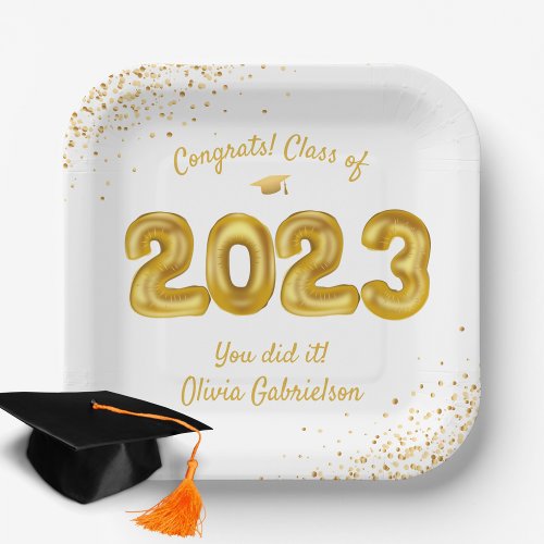 Class of 2024 Balloons White Gold Graduation Party Paper Plates