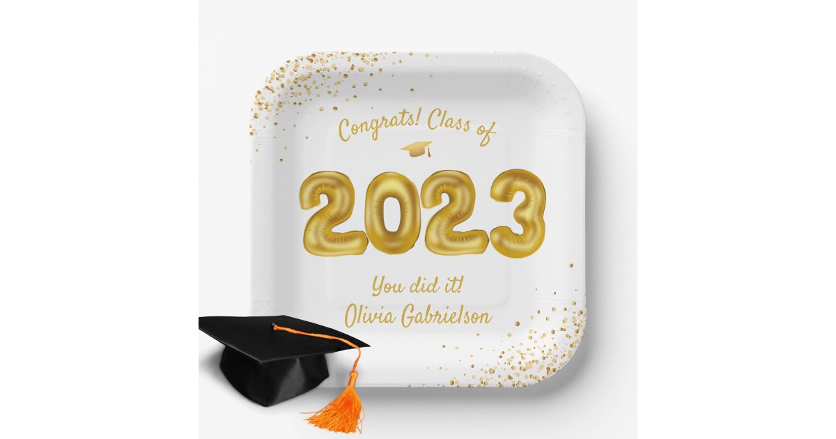 Class of 2024 Balloons White Gold Graduation Party Paper Plates | Zazzle