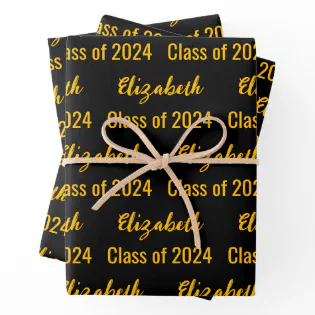 Class of 2024 Black and Gold Graduate's Name Wrapping Paper Sheets
