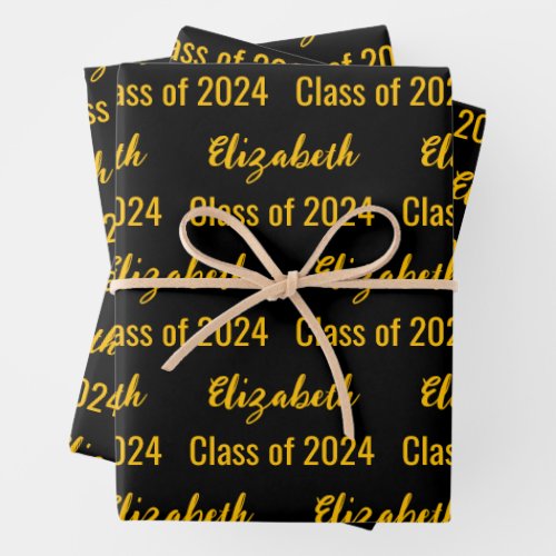 Class of 2024 Black and Gold Graduates Name Wrapping Paper Sheets