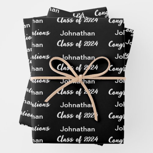 Class of 2024 Black Congratulations Grad Name Wrapping Paper Sheets