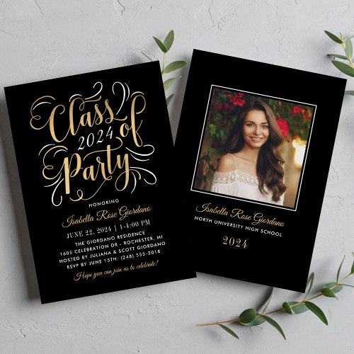 Class of 2024 Black Gold Graduation Party Photo Invitation