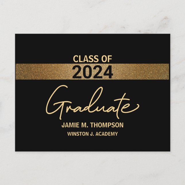 Class of 2024 Black Gold Name Graduation Adult Announcement Postcard (Front)