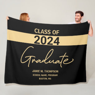 Class of 2024 Black Gold Personalized Graduation Fleece Blanket