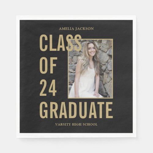 Class Of 2024 Black  Gold Photo Graduation Paper Napkins