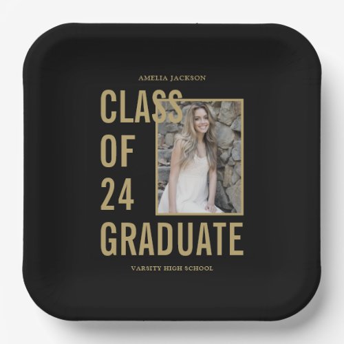 Class Of 2024 Black  Gold Photo Graduation Party Paper Plates