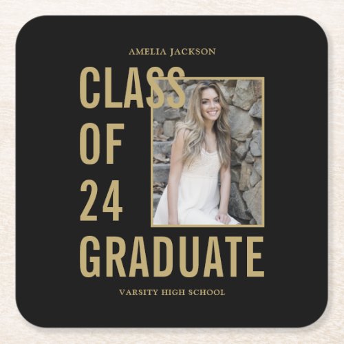 Class Of 2024 Black  Gold Photo Graduation Party Square Paper Coaster