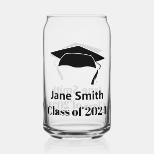 Class of 2024 Black Graduate's Name Text Grad Cap Can Glass