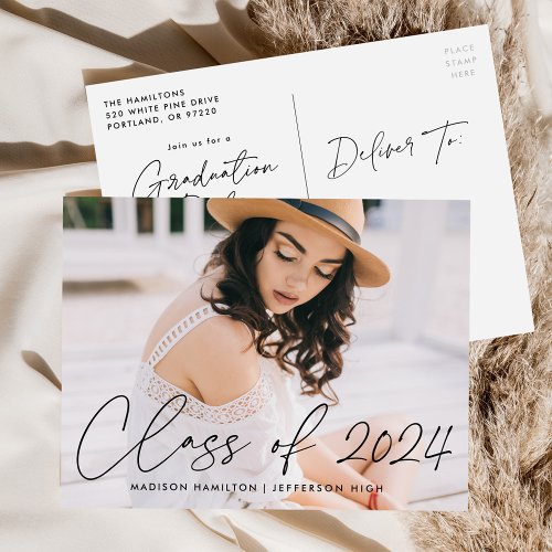 Class of 2024 Black Script Photo Graduation Party Invitation Postcard