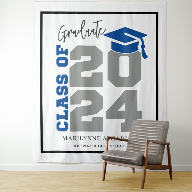Class of 2024 Blue and Gray Photo Booth Tapestry (In Situ)