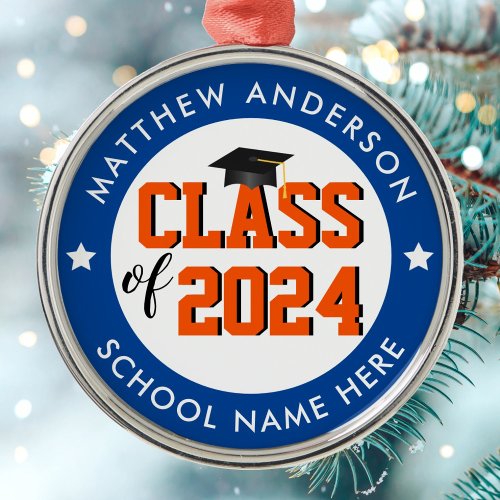 Class of 2024 Blue and Orange Graduate Graduation  Metal Ornament