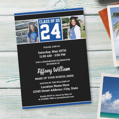 Class of 2024 Blue Black Photo Collage Graduation Invitation