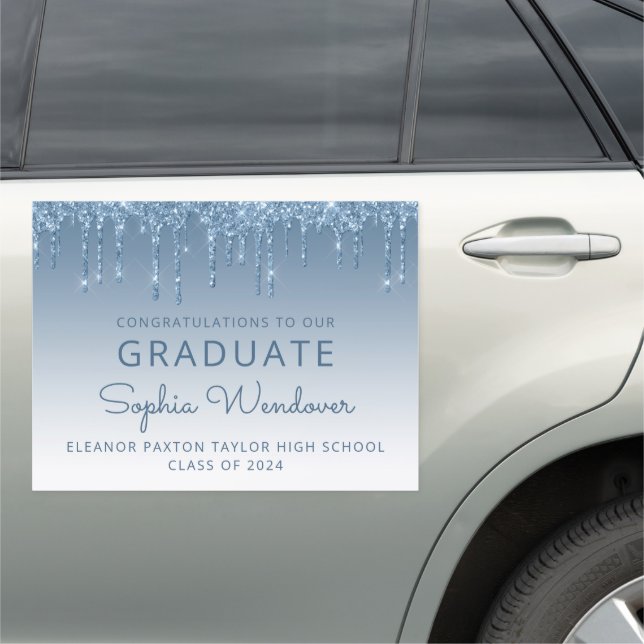 Class of 2024 Blue Glitter Drip Graduation Car Magnet (In Situ)
