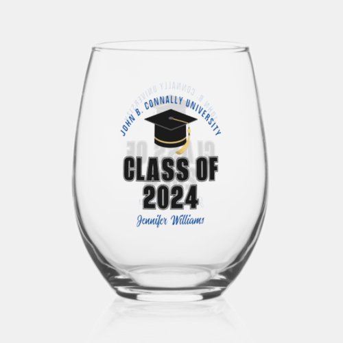 Class of 2024 Blue Graduation Custom Graduate Stemless Wine Glass